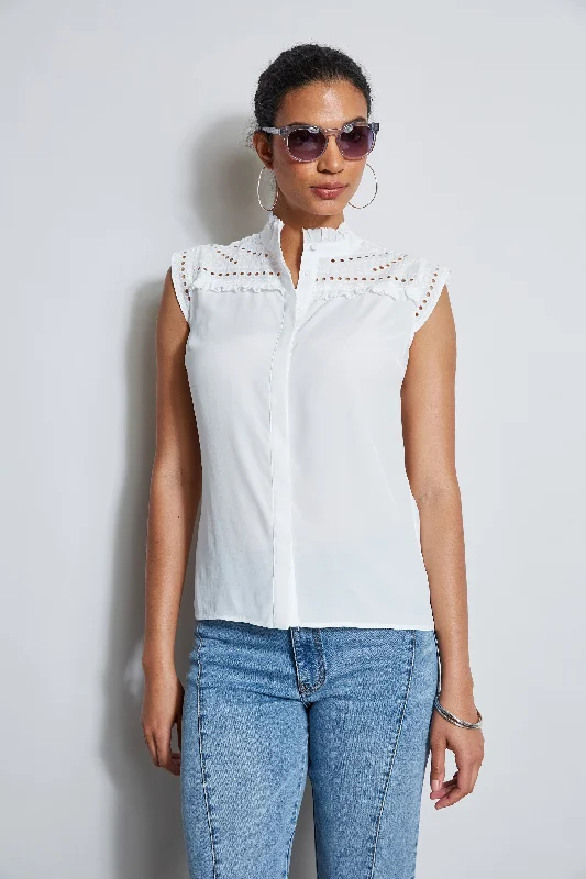 women's tops with cold-shoulder cuts and lace detailingEmbroidered Sleeveless Shirt