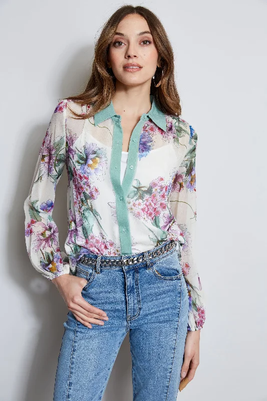 women's tops for those who want to stay on top of the latest fashion trends and wear pieces that are both stylish and on-trendSilk Wind Floral Button Down Shirt