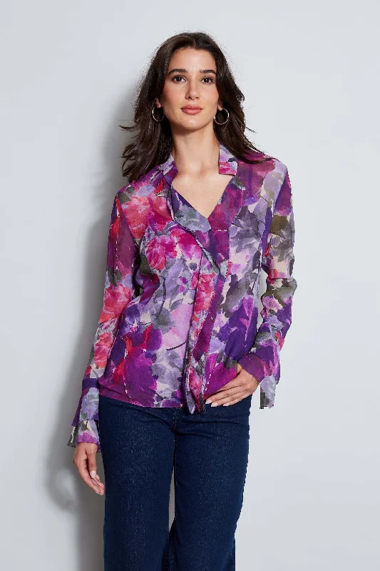 women's tops for those who seek both style and comfortSilk Chiffon Tossed Floral Ruffle Shirt